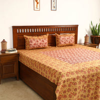 Yellow - Kalamkari Block Printed Patchwork Cotton Double Bed Cover With Pillow Covers (108 x 90 in)