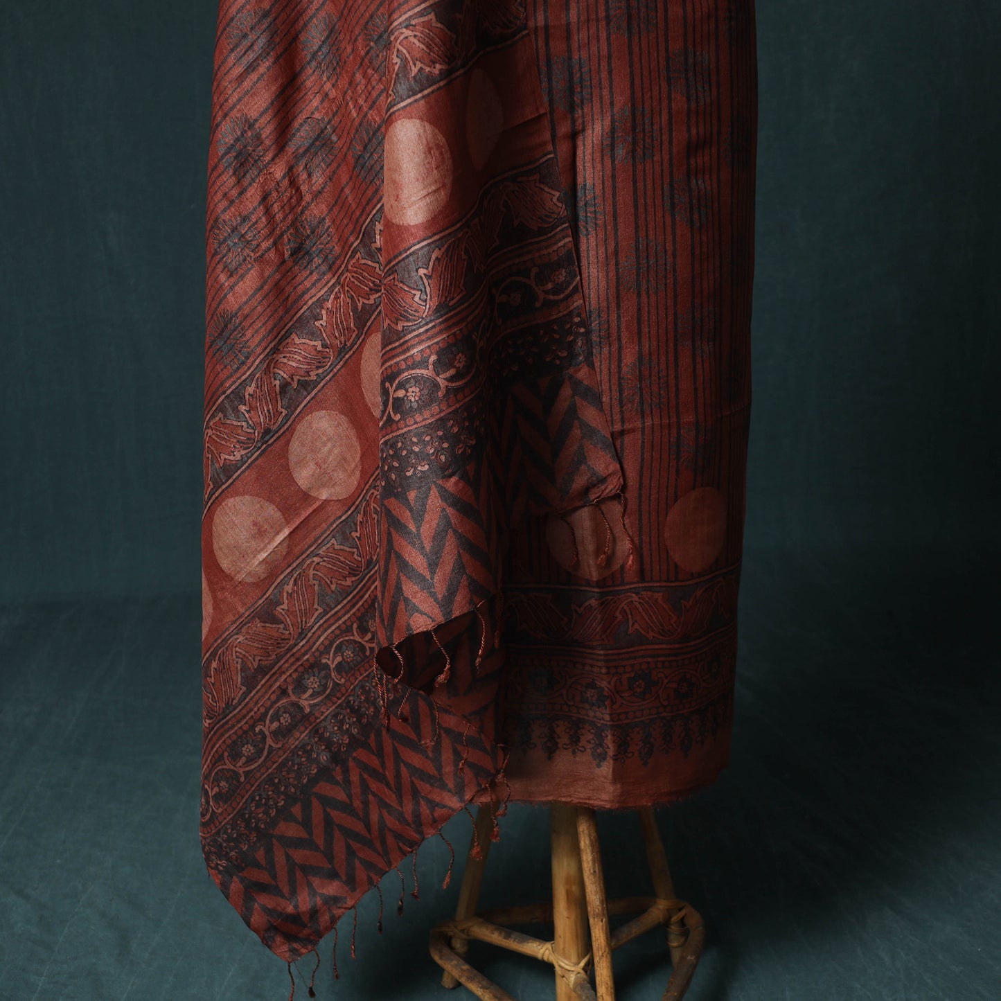 Red - 2pc Ajrakh Hand Block Print Handloom Tussar Silk Natural Dyed Unstitched Dress Material Kurta Set 14
