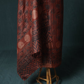 Red - 2pc Ajrakh Hand Block Print Handloom Tussar Silk Natural Dyed Unstitched Dress Material Kurta Set 14