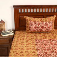 Yellow - Kalamkari Block Printed Patchwork Cotton Double Bed Cover With Pillow Covers (108 x 90 in)