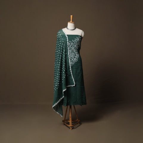 Green - Kutch Bandhani Tie-Dye Cotton 3pc Unstitched Dress Material Suit Set 08