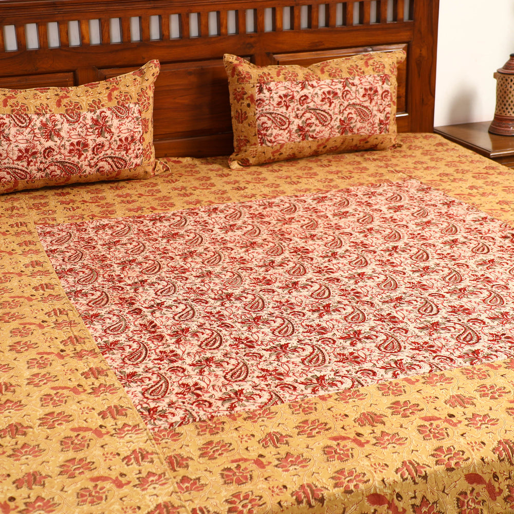 Yellow - Kalamkari Block Printed Patchwork Cotton Double Bed Cover With Pillow Covers (108 x 90 in)