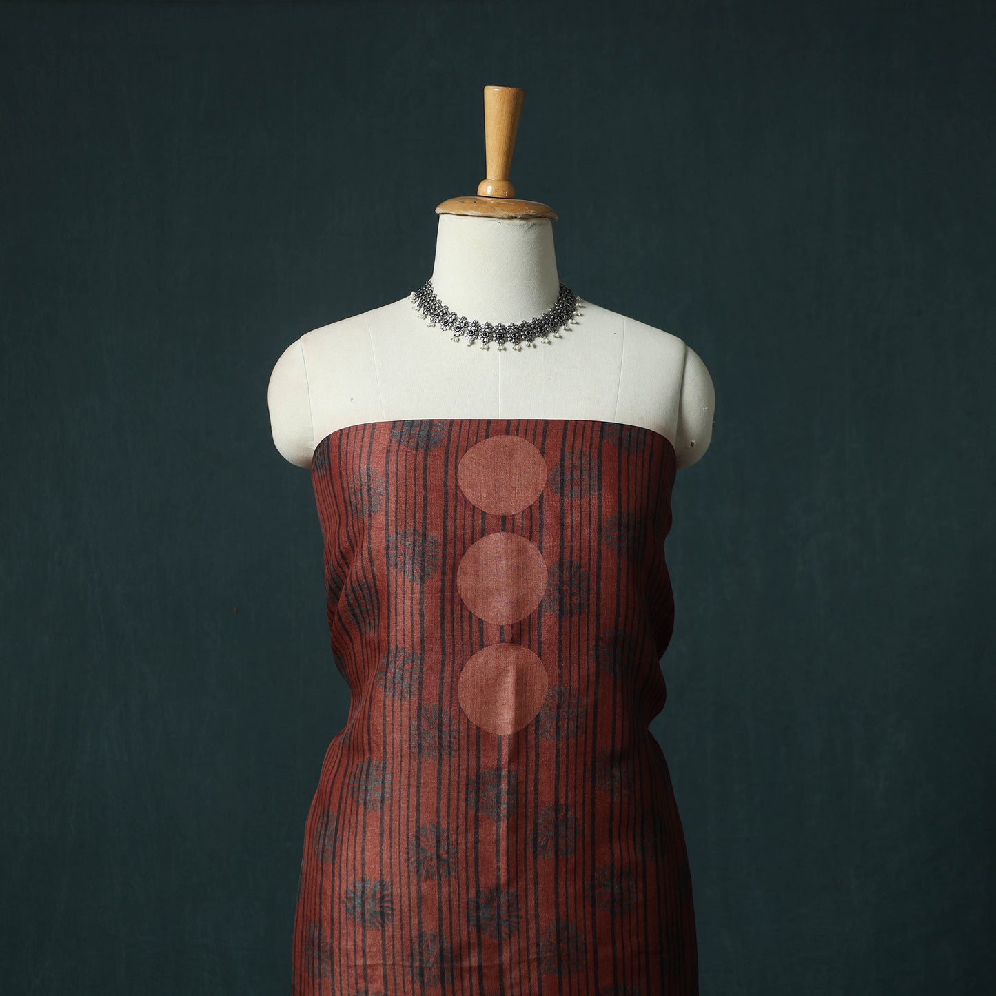 Red - 2pc Ajrakh Hand Block Print Handloom Tussar Silk Natural Dyed Unstitched Dress Material Kurta Set 14
