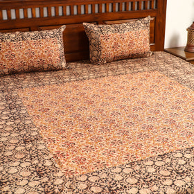 Brown - Kalamkari Block Printed Patchwork Cotton Double Bed Cover With Pillow Covers (108 x 90 in)