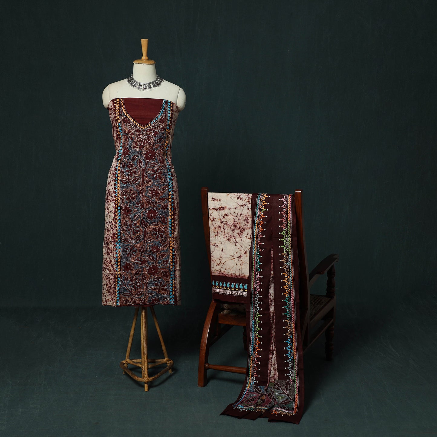 Bengal Kantha Work Cotton 3pc Unstitched Batik Print Dress Material Suit Set 19