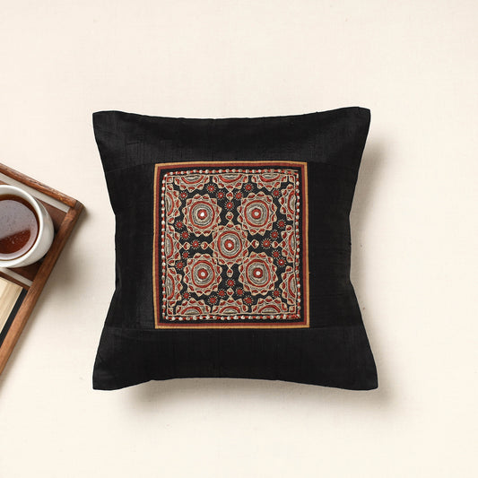 Black - Kutch Pakko Hand Embroidery Silk Cushion Cover (12 x 12 in)