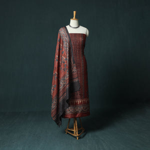 2pc Ajrakh Hand Block Print Handloom Tussar Silk Natural Dyed Unstitched Dress Material Kurta Set 16