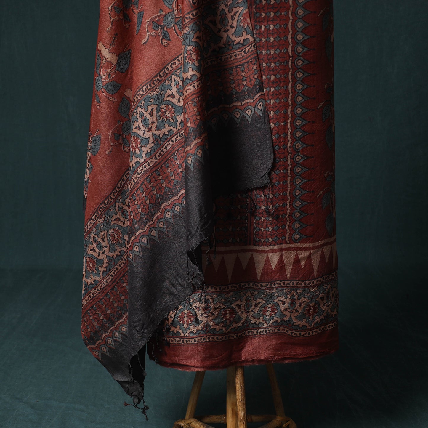 Red - 2pc Ajrakh Hand Block Print Handloom Tussar Silk Natural Dyed Unstitched Dress Material Kurta Set 16
