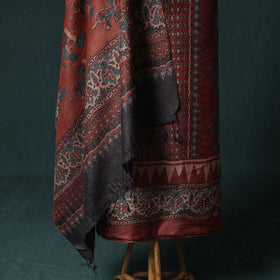 Red - 2pc Ajrakh Hand Block Print Handloom Tussar Silk Natural Dyed Unstitched Dress Material Kurta Set 16