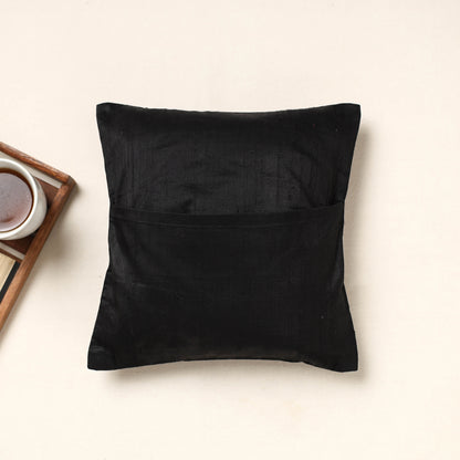 Black - Kutch Pakko Hand Embroidery Silk Cushion Cover (12 x 12 in)
