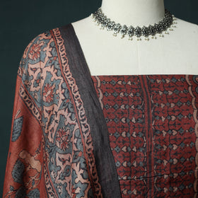 Red - 2pc Ajrakh Hand Block Print Handloom Tussar Silk Natural Dyed Unstitched Dress Material Kurta Set 16