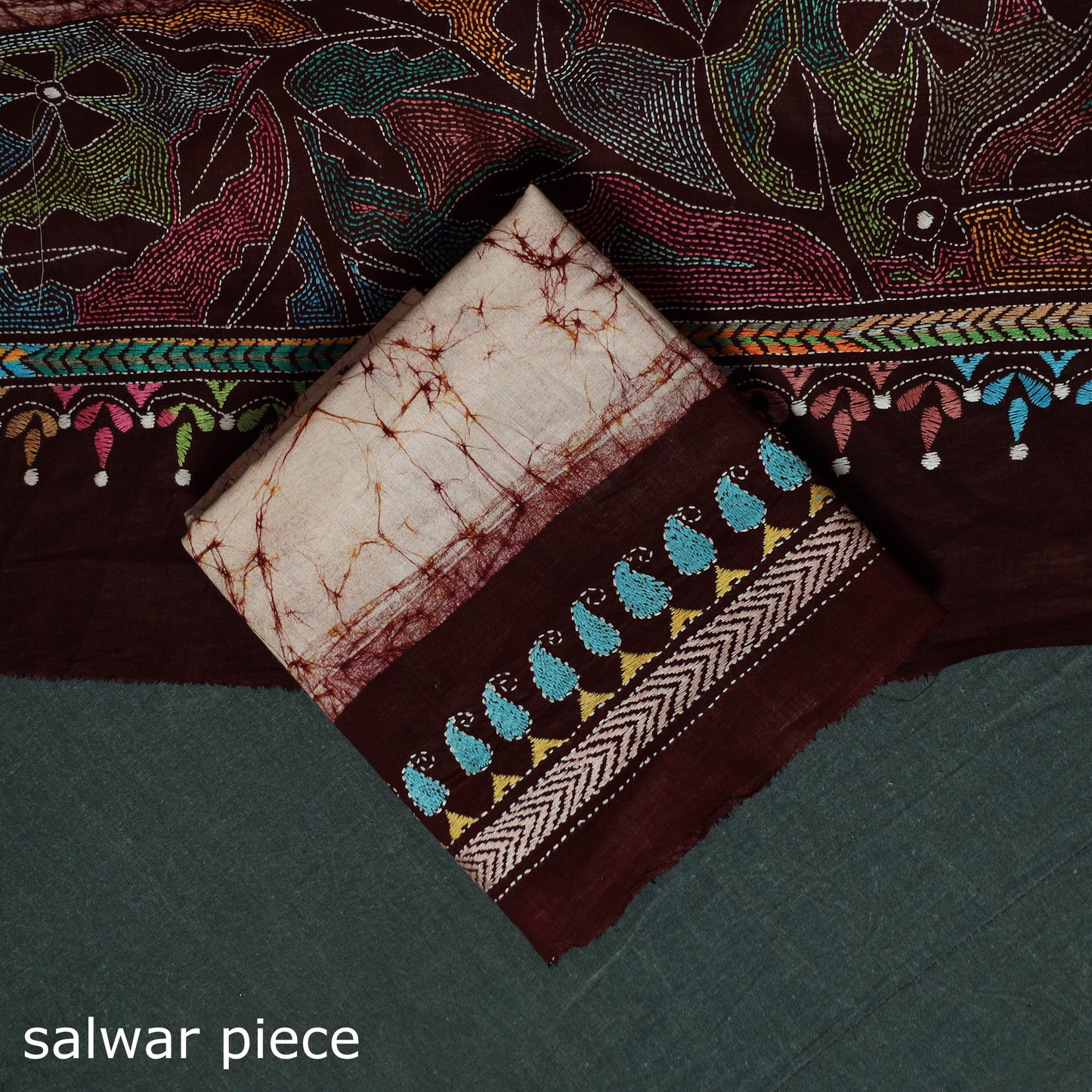 Bengal Kantha Work Cotton 3pc Unstitched Batik Print Dress Material Suit Set 19