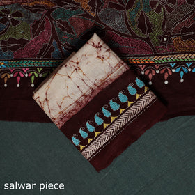 Bengal Kantha Work Cotton 3pc Unstitched Batik Print Dress Material Suit Set 19