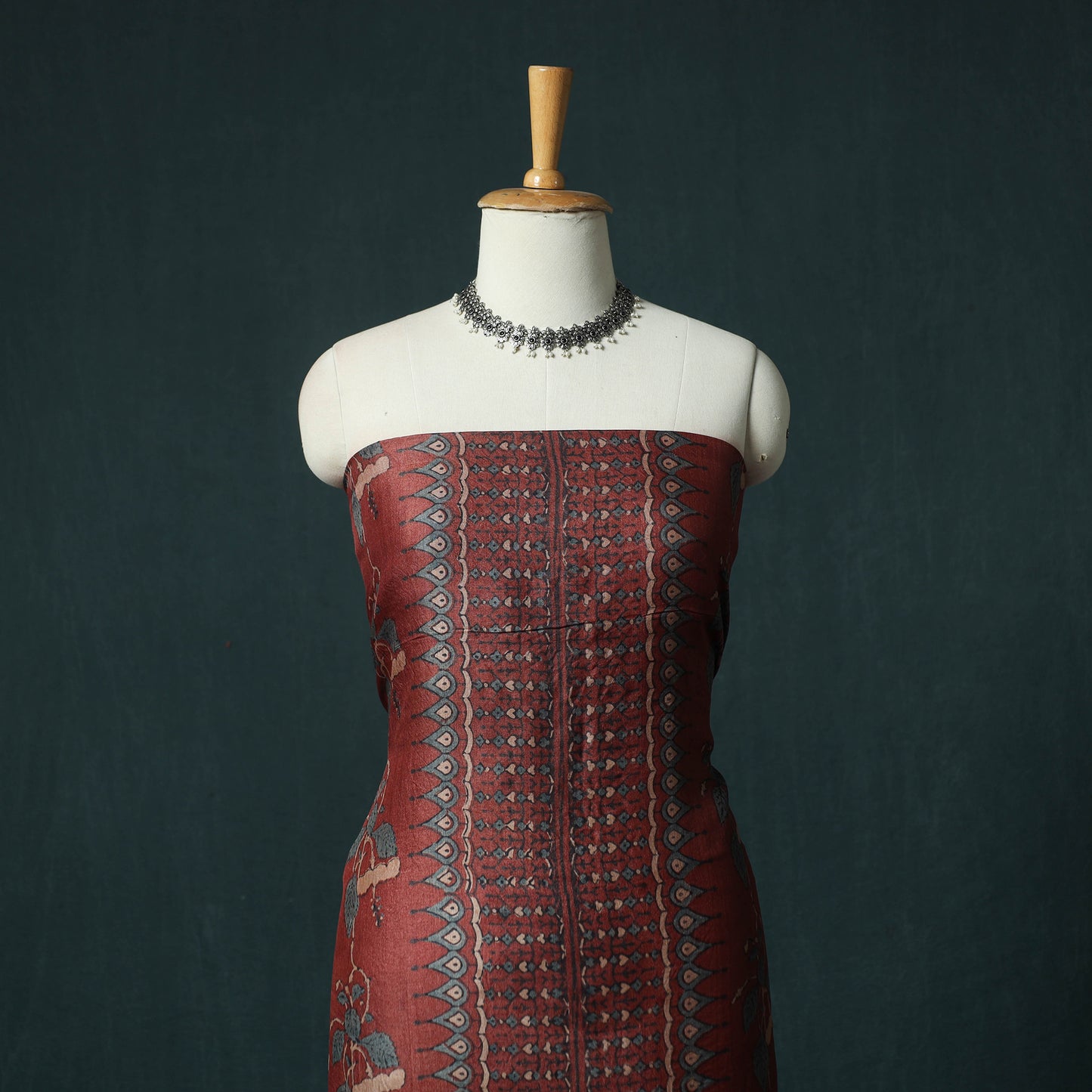 Red - 2pc Ajrakh Hand Block Print Handloom Tussar Silk Natural Dyed Unstitched Dress Material Kurta Set 16