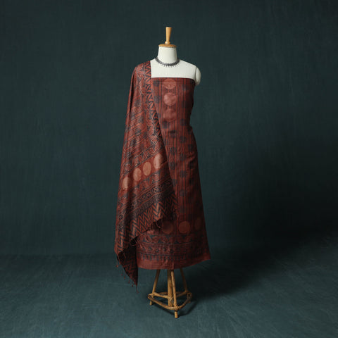 Red - 2pc Ajrakh Hand Block Print Handloom Tussar Silk Natural Dyed Unstitched Dress Material Kurta Set 17