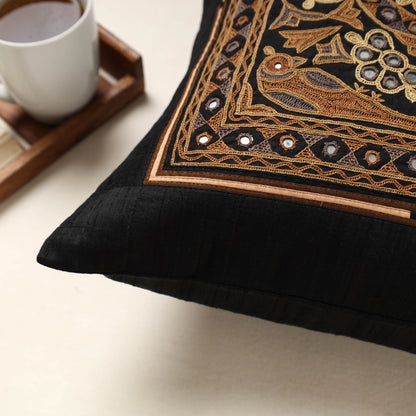 Black - Kutch Ahir Hand Embroidery Silk Cushion Cover (16 x 16 in)