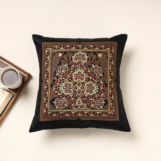 Black - Kutch Ahir Hand Embroidery Silk Cushion Cover (16 x 16 in)