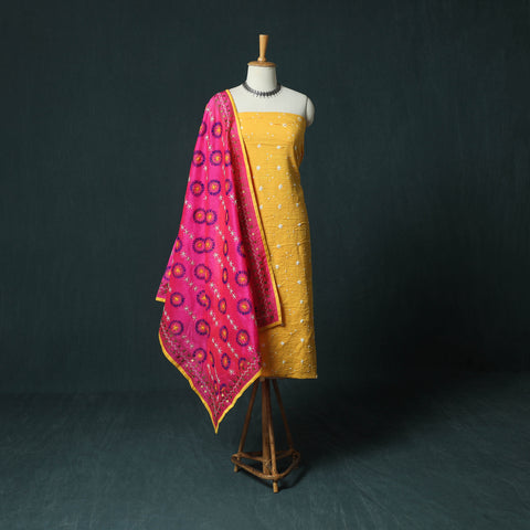 Yellow - Kutch Bandhani Tie-Dye Cotton 2pc Unstitched Dress Material Kurta Set with Earrings 36