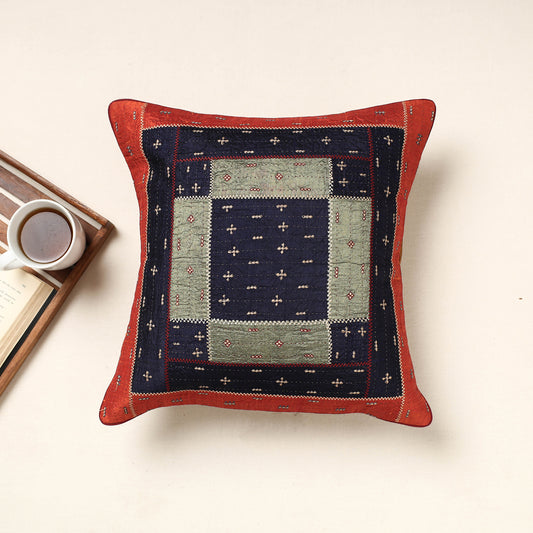 Blue - Kutch Khudisebha Hand Embroidery Silk Cushion Cover (16 x 16 in)