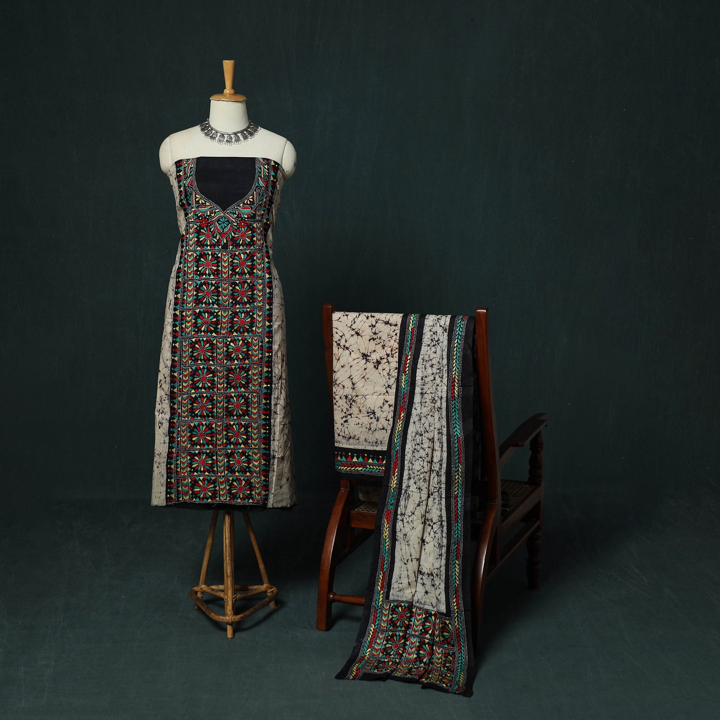 Bengal Kantha Work Cotton 3pc Unstitched Batik Print Dress Material Suit Set 21