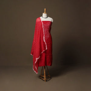 Red - Kutch Bandhani Tie-Dye Cotton 3pc Unstitched Dress Material Suit Set 12