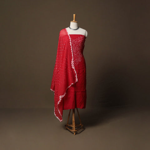 Red - Kutch Bandhani Tie-Dye Cotton 3pc Unstitched Dress Material Suit Set 12