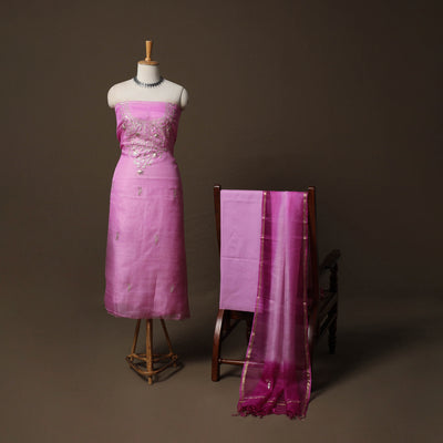 Purple - 3pc Pitta Work Kota Doria Silk Unstitched Dress Material Suit Set 03