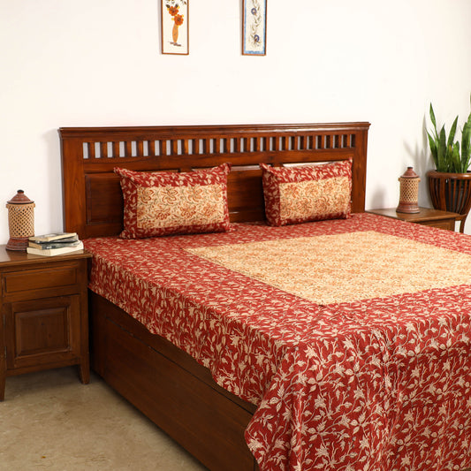 Red - Kalamkari Block Printed Patchwork Cotton Double Bed Cover With Pillow Covers (108 x 90 in)