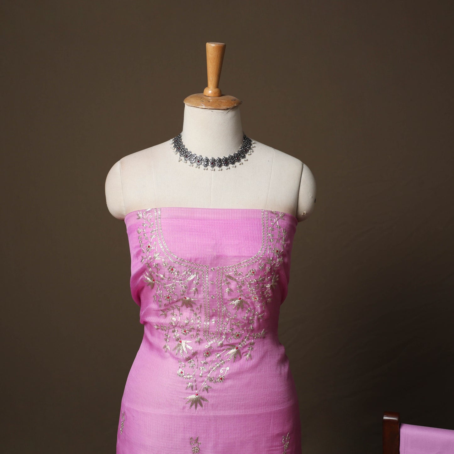 Purple - 3pc Pitta Work Kota Doria Silk Unstitched Dress Material Suit Set 03