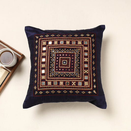 Blue - Kutch Rabari Hand Embroidery Silk Cushion Cover (16 x 16 in)