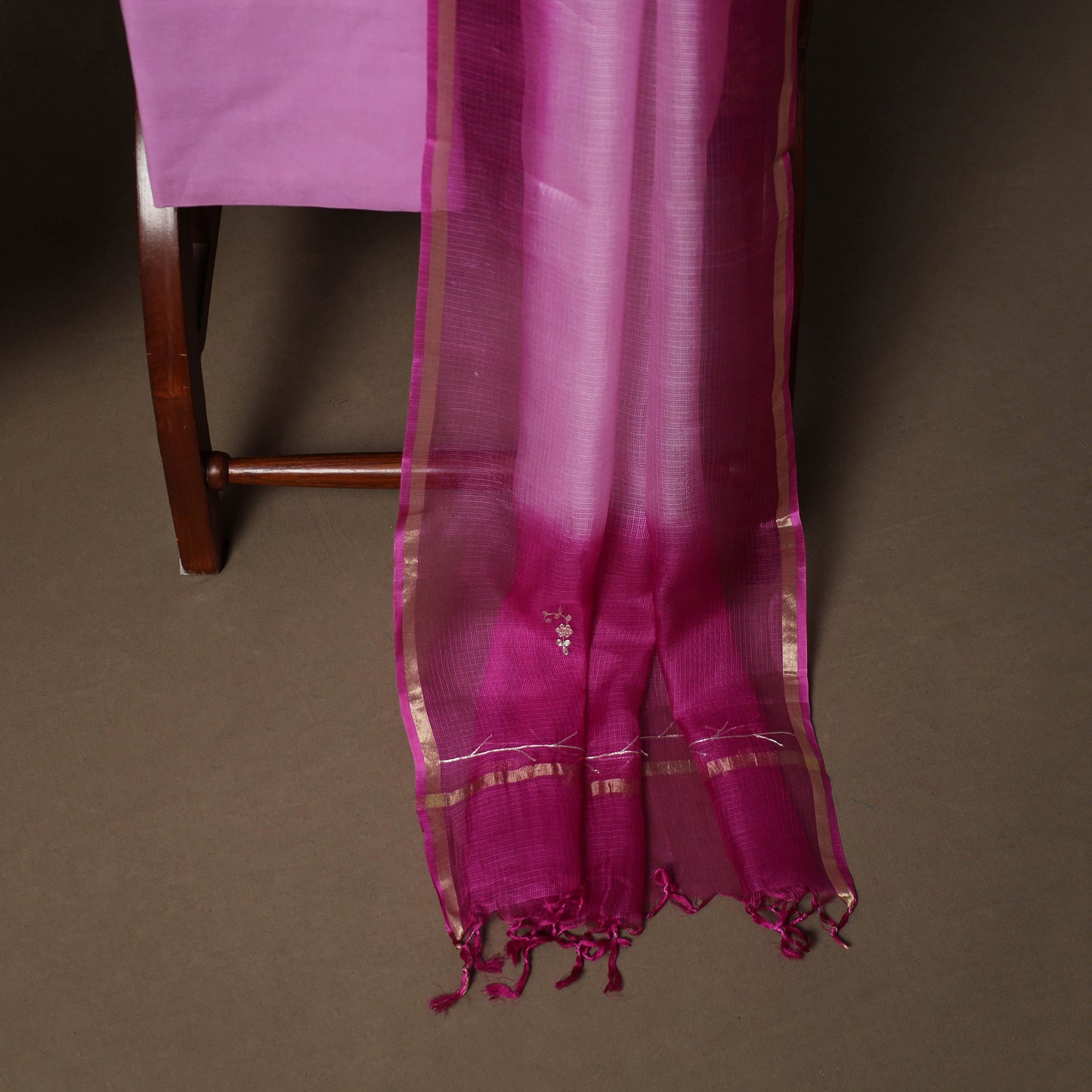 Purple - 3pc Pitta Work Kota Doria Silk Unstitched Dress Material Suit Set 03
