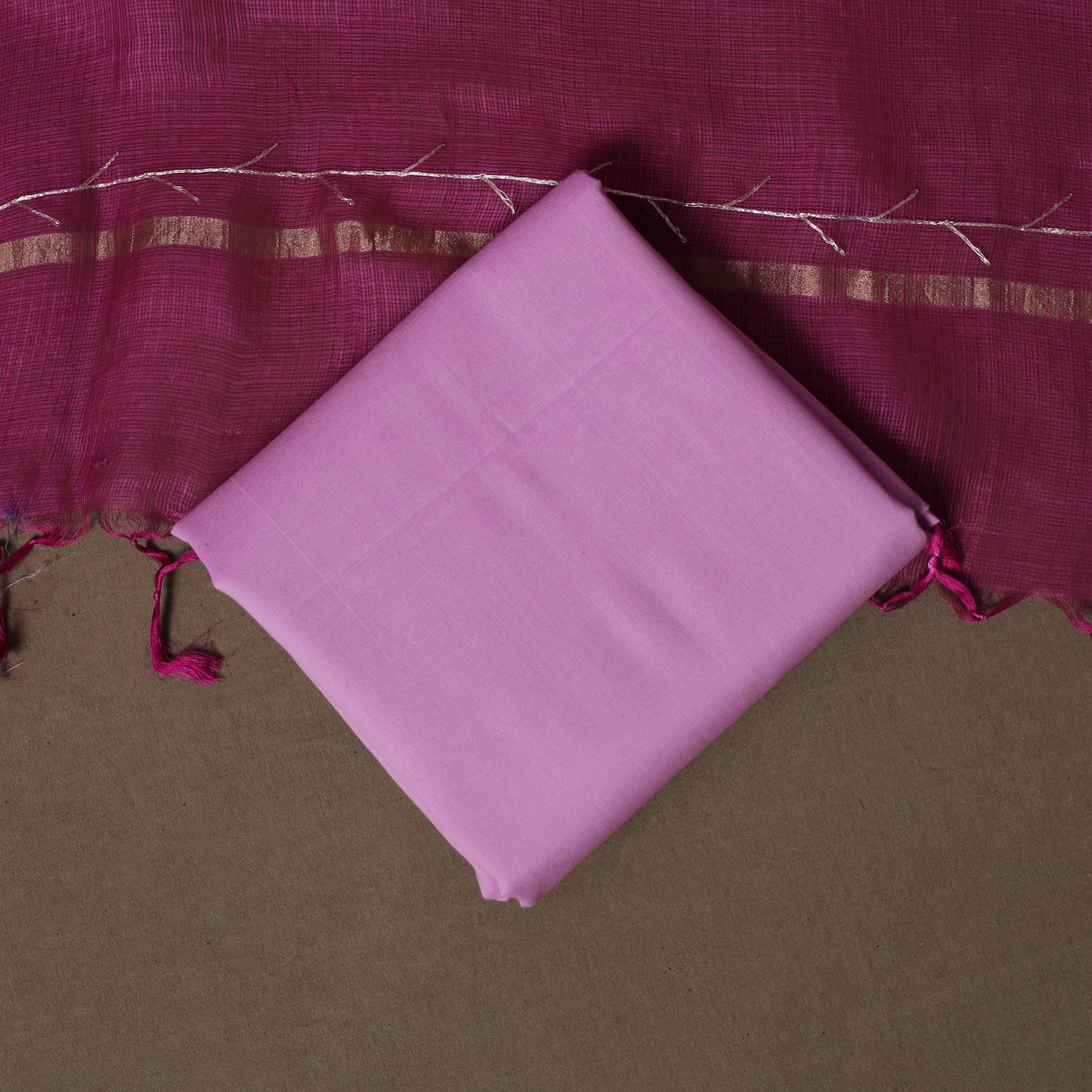 Purple - 3pc Pitta Work Kota Doria Silk Unstitched Dress Material Suit Set 03