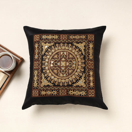 Black - Kutch Rabari Hand Embroidery Silk Cushion Cover (16 x 16 in)