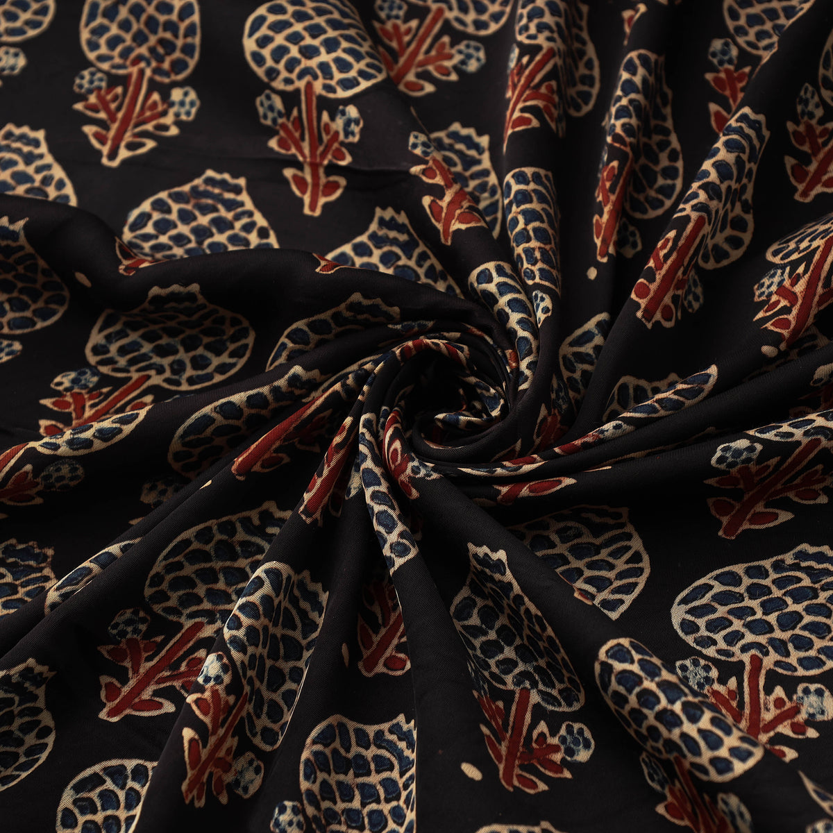 Black - Hand Block Printed Modal Silk Ajrakh Fabric 12