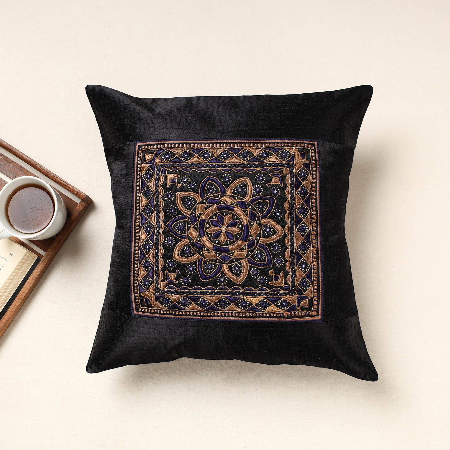 Black - Kutch Pakko Bherni Hand Embroidery Mashru Silk Cushion Cover (16 x 16 in)