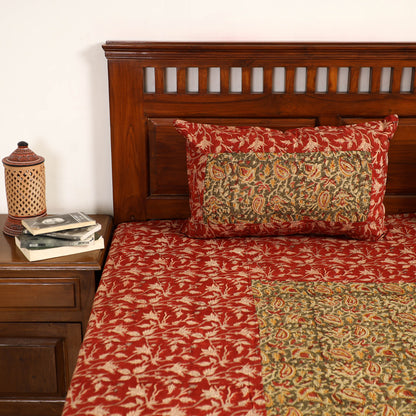 Red - Kalamkari Block Printed Patchwork Cotton Double Bed Cover With Pillow Covers (108 x 90 in)