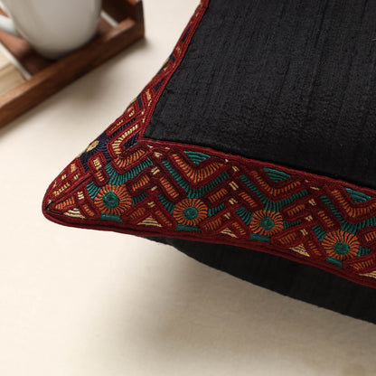 Black - Kutch Jat Hand Embroidery Border Silk Cushion Cover (16 x 16 in)