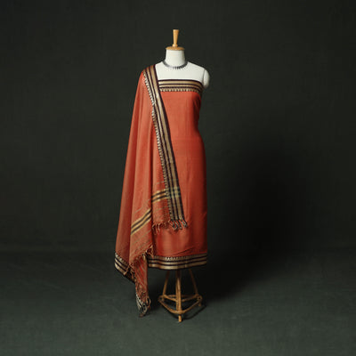 Red - Dharwad Woven Mercerised Cotton 3pc Unstitched Dress Material Suit Set 03