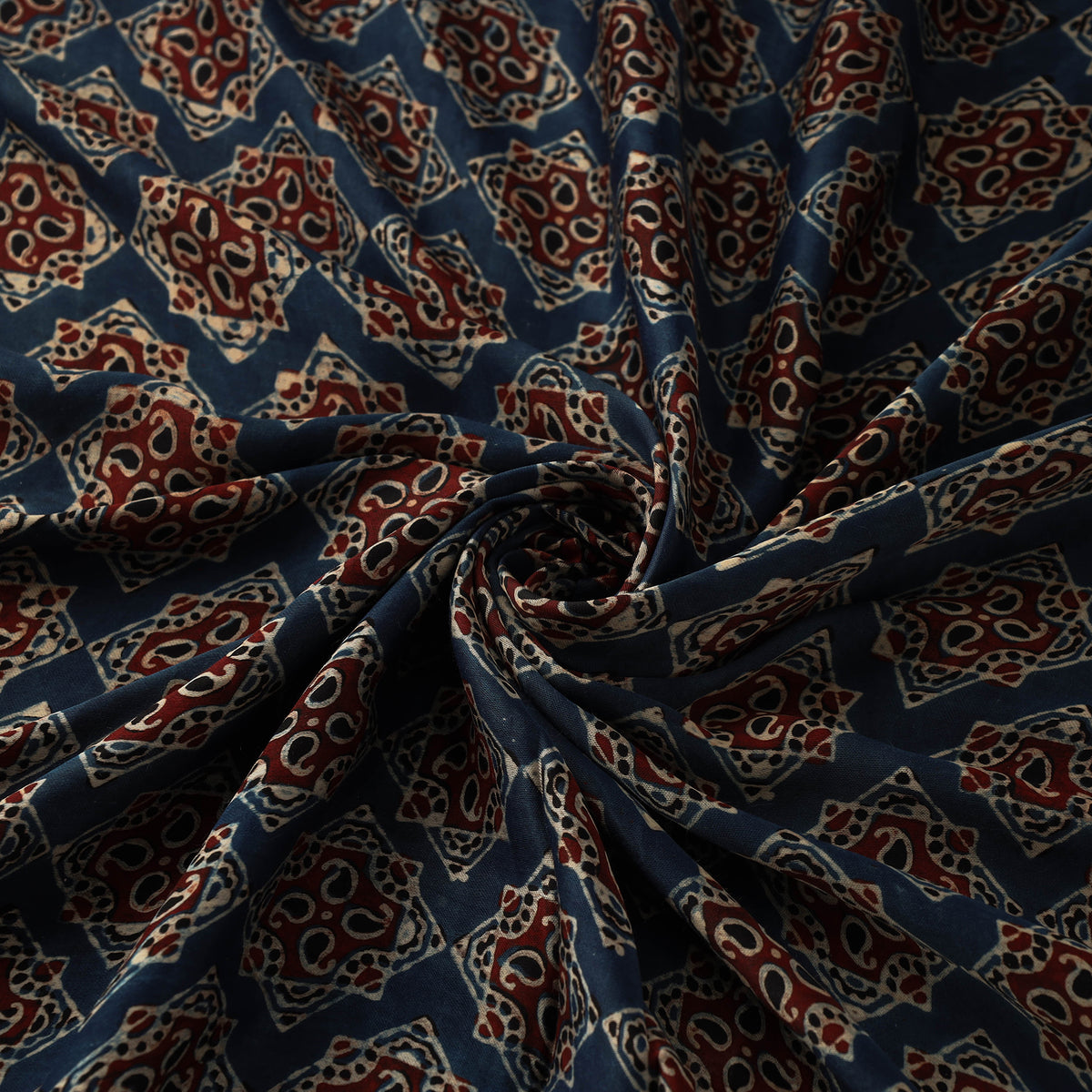 Blue - Hand Block Printed Modal Silk Ajrakh Fabric 16