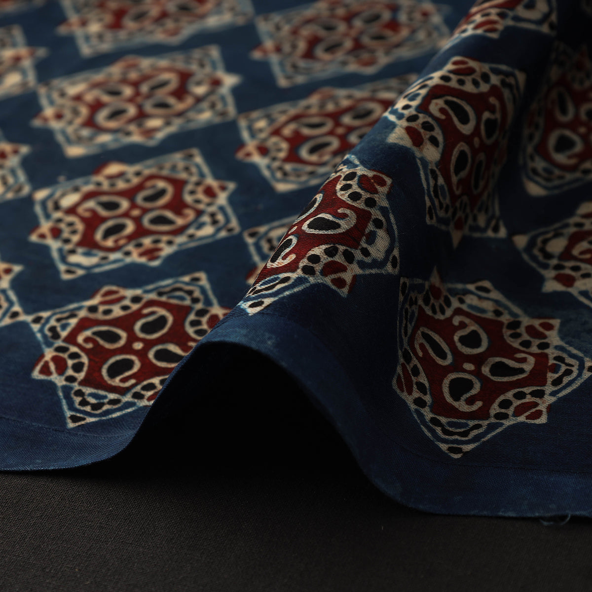 Blue - Hand Block Printed Modal Silk Ajrakh Fabric 16