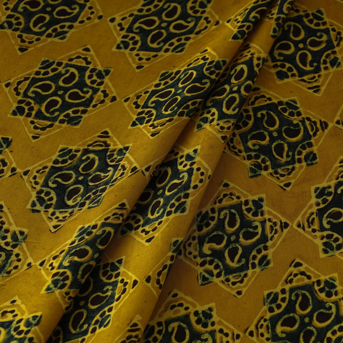 Yellow - Hand Block Printed Modal Silk Ajrakh Fabric 17