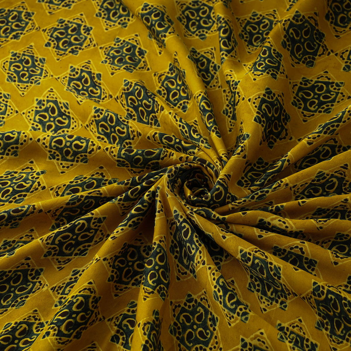 Yellow - Hand Block Printed Modal Silk Ajrakh Fabric 17