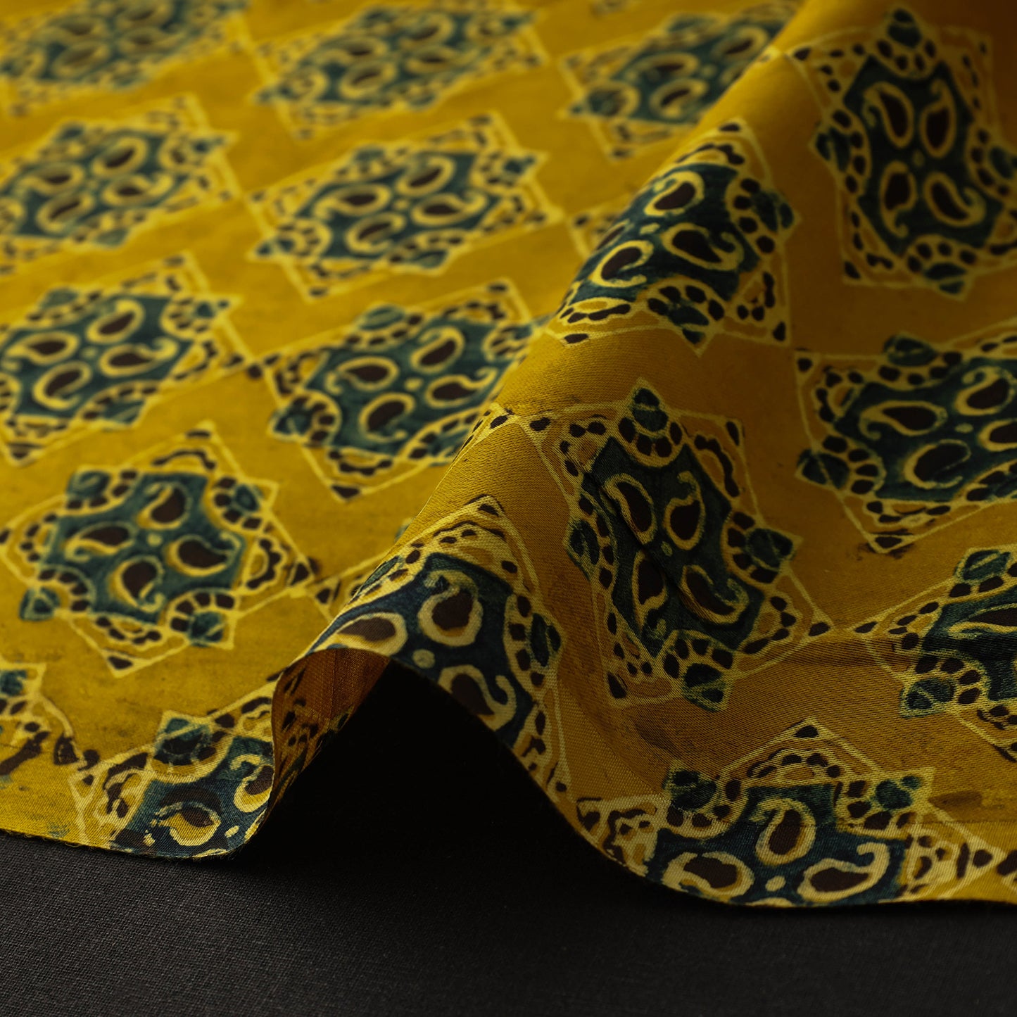 Yellow - Hand Block Printed Modal Silk Ajrakh Fabric 17