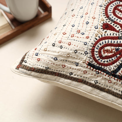 White - Kutch Dhebariya Sebha Hand Embroidery Kala Cotton Cushion Cover (16 x 16 in)