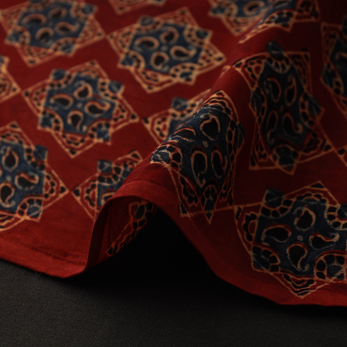 Red - Hand Block Printed Modal Silk Ajrakh Fabric 18