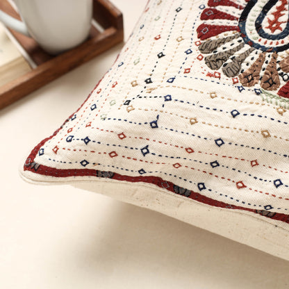 White - Kutch Dhebariya Sebha Hand Embroidery Kala Cotton Cushion Cover (16 x 16 in)