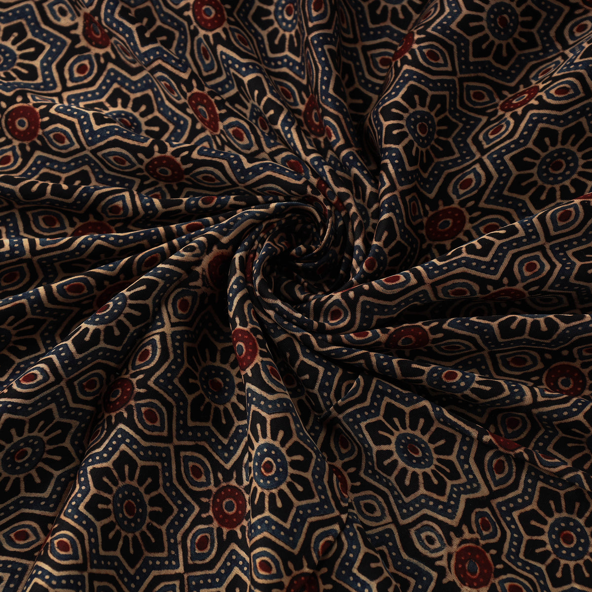 Black - Hand Block Printed Modal Silk Ajrakh Fabric 20