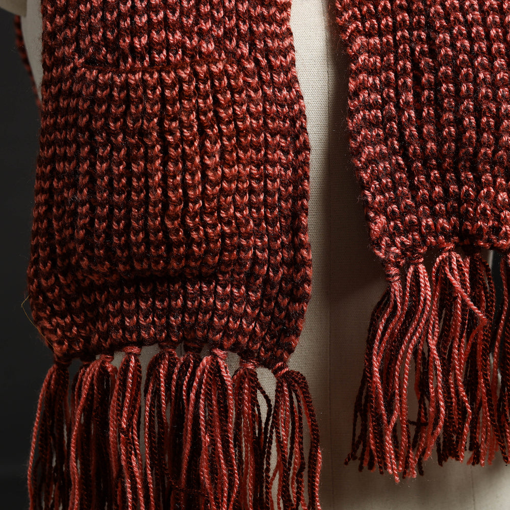 Maroon - Kumaun Hand Knitted Woolen Muffler with Pockets 87