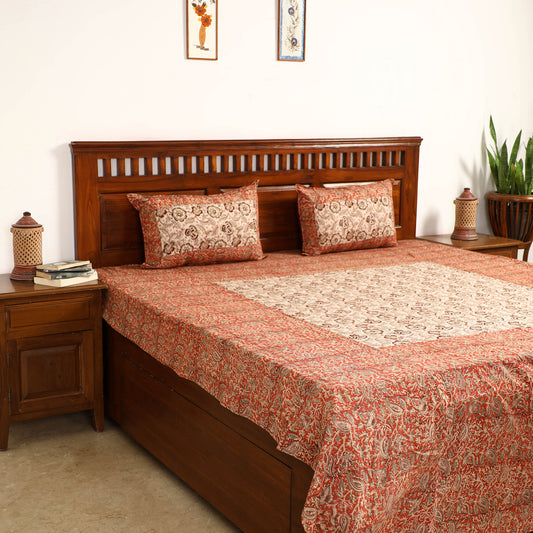 Orange - Kalamkari Block Printed Patchwork Cotton Double Bed Cover With Pillow Covers (108 x 90 in)