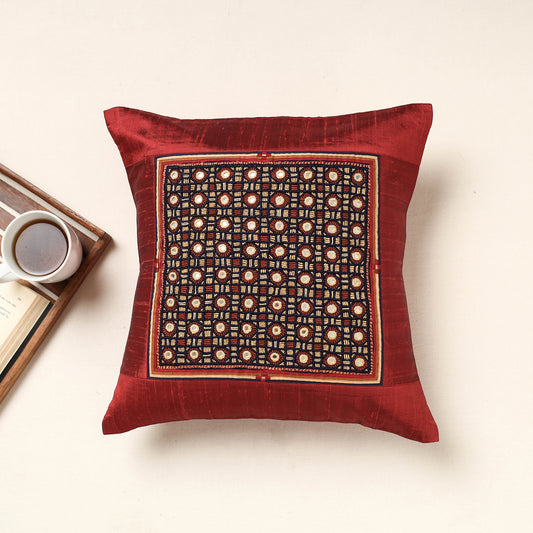 Red - Kutch Jat Hand Embroidery Silk Cushion Cover (16 x 16 in)